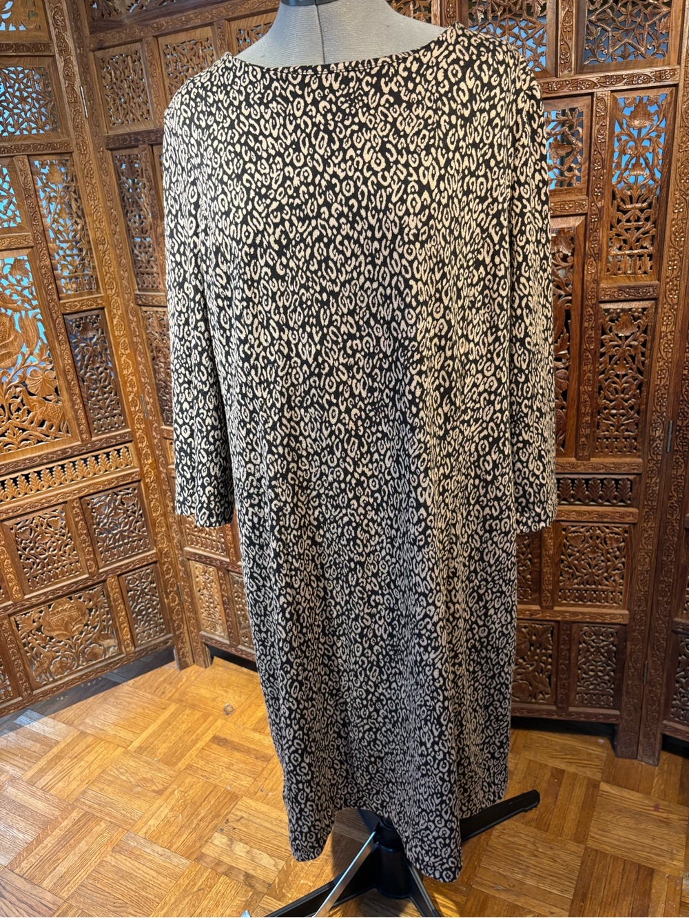NWT Chico's Black and Cream Leopard-Print Midi Shift Dress